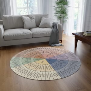 Colorful feelings wheel on wooden floor in bright living room.