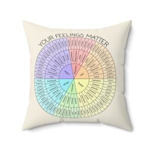 Colorful feelings wheel on a white pillow for emotional literacy tools.